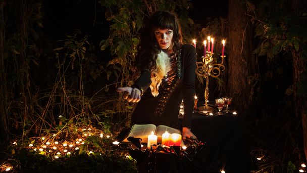 Beautiful witch with the vintage book of magic invites you into - Photo, Image