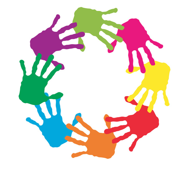 Conjunto de círculo conceptual o espiral de coloridas manos humanas pintadas
 - Foto, imagen