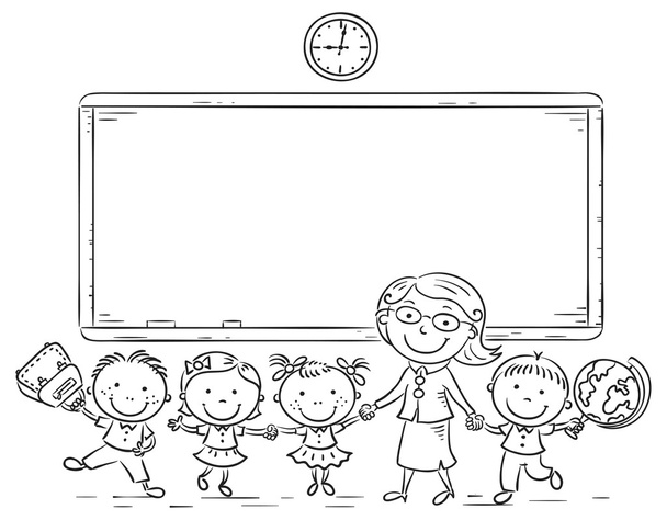 Schoolkids and teacher at the blackboard - Vector, Image