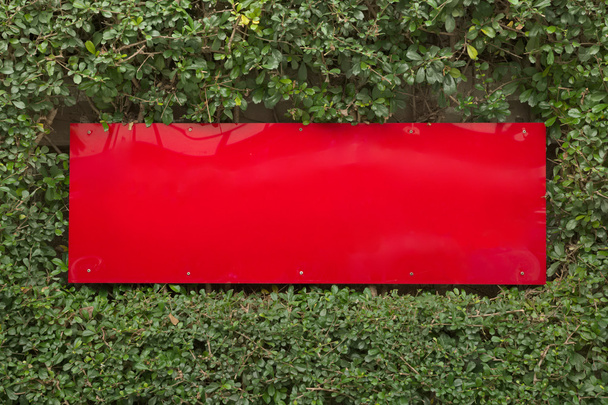 Piros műanyag jel épített zöld növény háttér - Fotó, kép