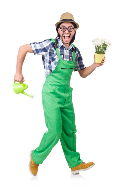 Joven jardinero divertido con tulipanes y regadera puede aislar oin w
 - Foto, imagen