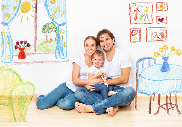 Έννοια: ευτυχισμένη οικογένεια νέους σε νέο διαμέρισμα όνειρο και σχέδιο στο - Φωτογραφία, εικόνα
