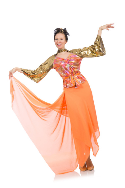 Woman in orange dress isolated on white - Фото, изображение