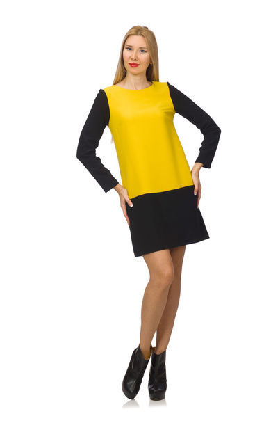 Blond hair girl in yellow and black clothing isolated on white - Photo, Image