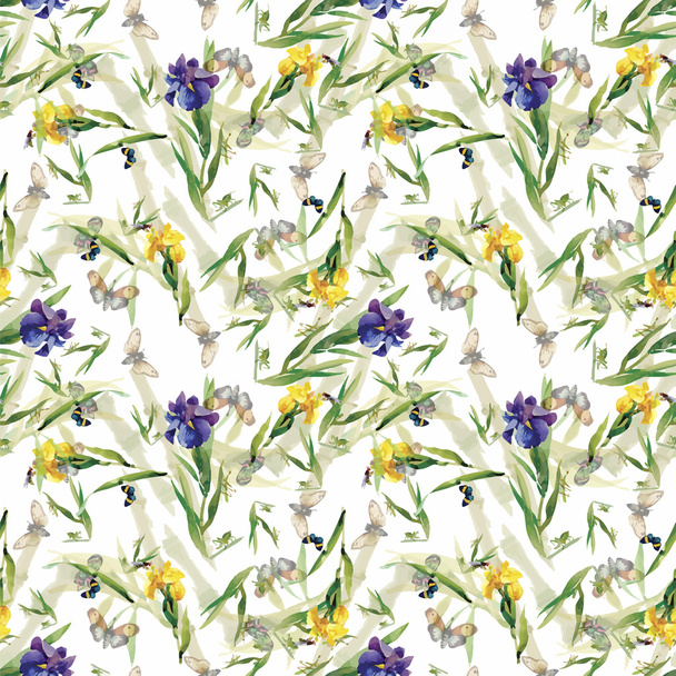 Seamless pattern with watercolor irises. Vector illustration - Vector, imagen