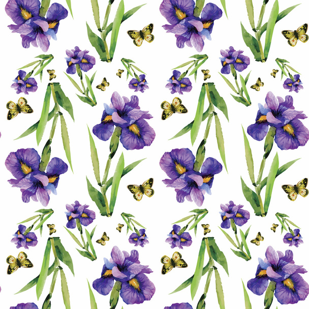 Seamless pattern with watercolor irises. Vector illustration - Vecteur, image