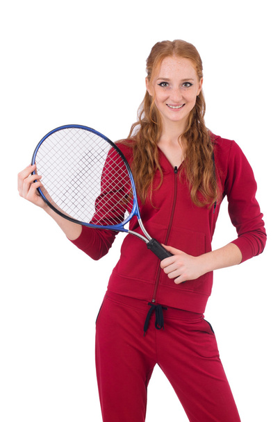 Pretty female tennis player isolated on white - 写真・画像