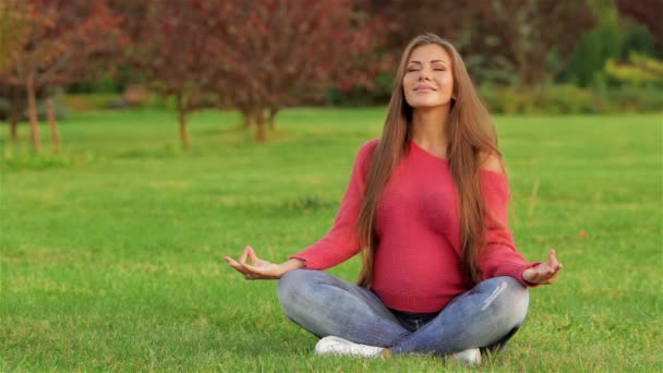 Pregnant meditating on the grass - Footage, Video