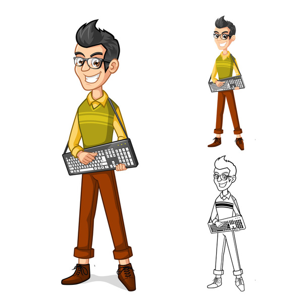 Bilgisayar klavye tutan geek çocuk maskot çizgi film karakteri - Vektör, Görsel