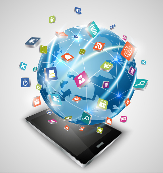 Смарт-телефонів і глобус з'єднання соціальних засобів масової інформації - Вектор, зображення