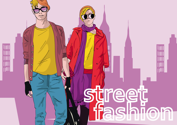 Fashion girl and boy in sketch-style. - Vector, Image