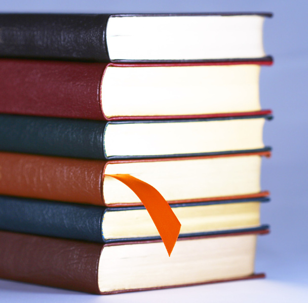 een oranje bladwijzer en zes leer gebonden boeken - Foto, afbeelding