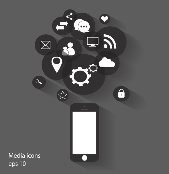 Flat mobile phone vector with social media icons - Vector, Image