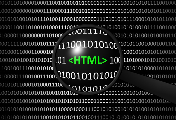 Двоичный код с HTML и увеличительной линзой
 - Фото, изображение