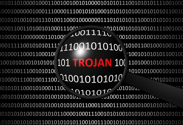 Binaire code met Trojan-virus en vergrootglas - Foto, afbeelding
