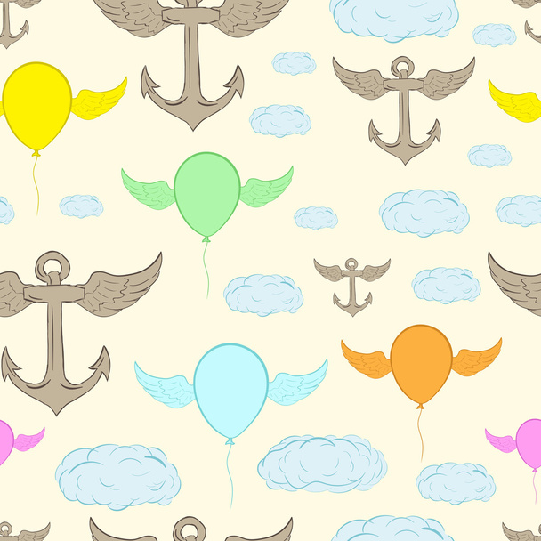 Seamless winged anchors and balloons - Vector, Image