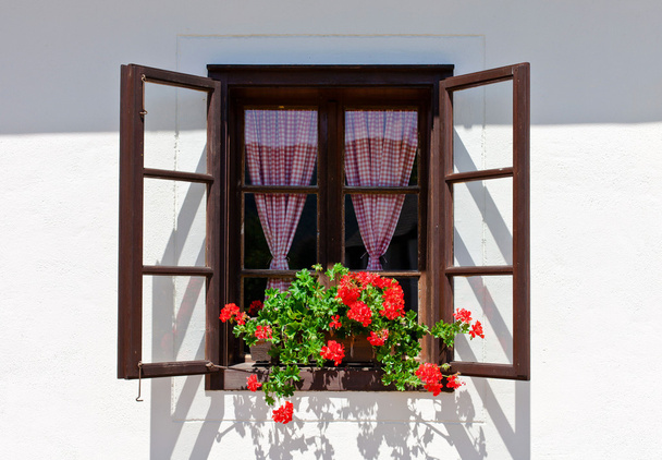 Dorfhausfenster und rote Blumen - Foto, Bild