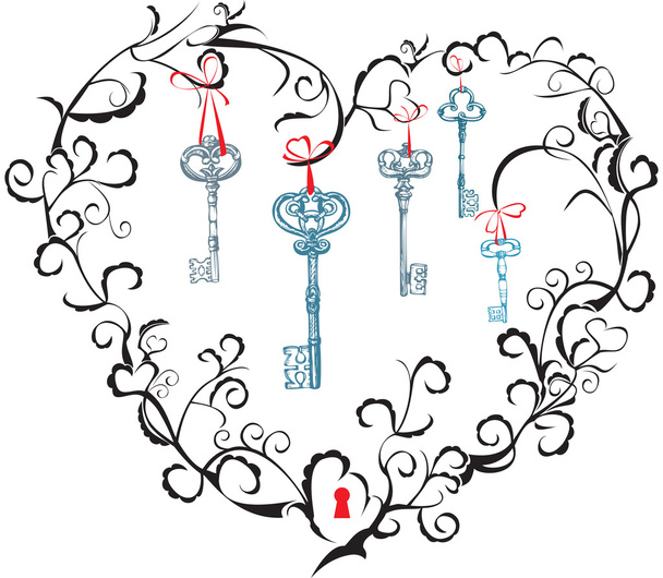 Concept for Valentine`s Day - heart, keyhole and keys. - Vector, Imagen