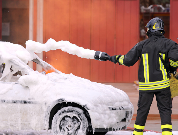 tűzoltók edzés közben eloltani a tüzet egy autó - Fotó, kép
