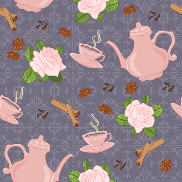 Seamless pattern with coffee pot, cups, cinnamon, cloves, anise and roses. - Vector, Image