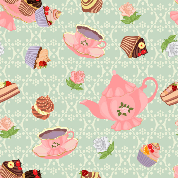 Seamless pattern with teapot, cups, cakes and roses. - Vector, Image
