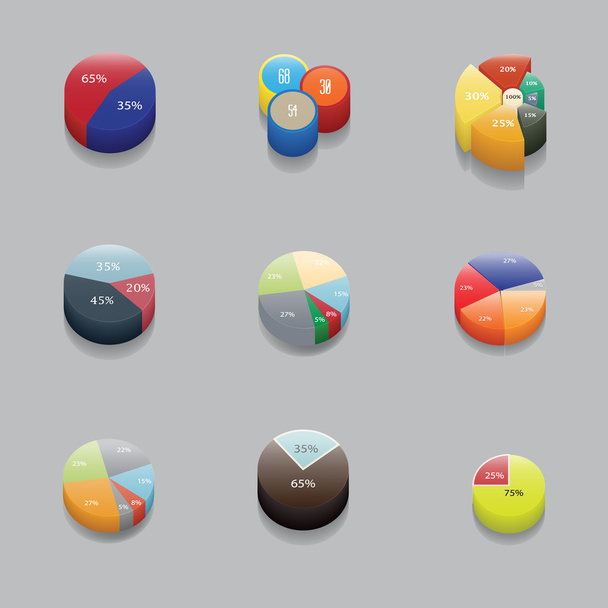 set of 3D pie charts. business items and stats with the numbers. - Vector, imagen