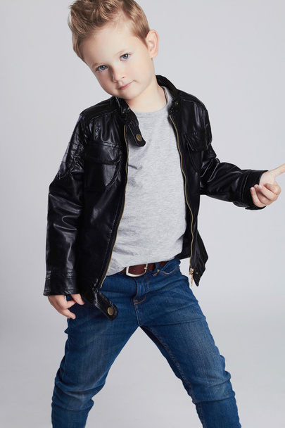 Fashionable child in leather coat.little boy. Autumn fashion.funny kid - Photo, Image