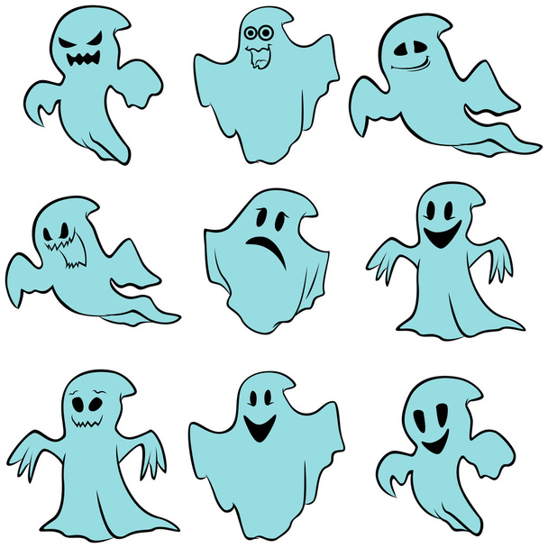 Set of nine blue flying ghosts - Vector, Imagen