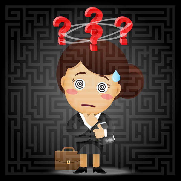 business woman solving the solution of labyrinth - Vector, Image
