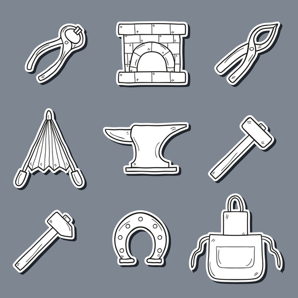 Set of cartoon stickers in hand drawn style on blacksmith theme: horseshoe, sledgehammer, vise, oven - ベクター画像