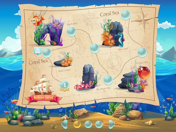 Fish World - Esempio di illustrazione livelli dello schermo, interfaccia di gioco
 - Vettoriali, immagini