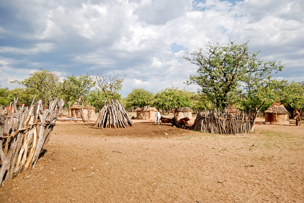 Himba χωριό με παραδοσιακές καλύβες, κοντά στο εθνικό πάρκο Ετόσα στην Ναμίμπια, στην Αφρική - Φωτογραφία, εικόνα