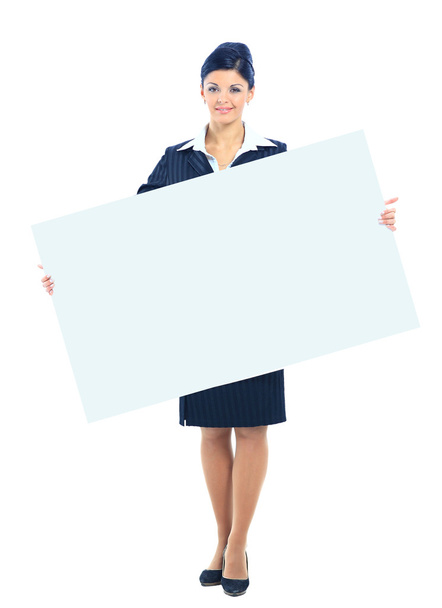 Happy smiling young business woman showing blank signboard, isolated over w - Zdjęcie, obraz