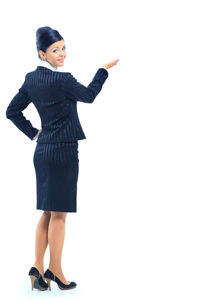 Smiling business woman pointing and presenting, full length portrait isolat - Foto, imagen