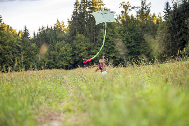 Young boy running away from the camera  flying a kite - Fotografie, Obrázek