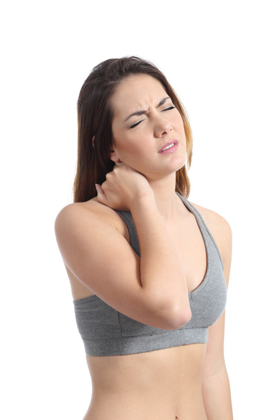 Fitness woman with neck pain pressing with her hand - Foto, Imagen