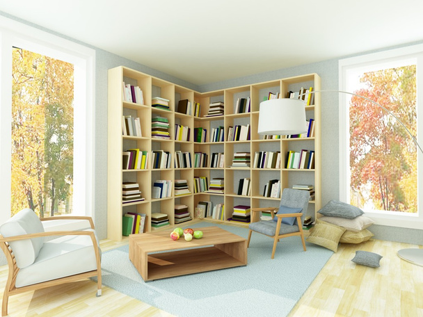 Leichtes gemütliches Zimmer mit Bücherregalen und Sesseln - Foto, Bild