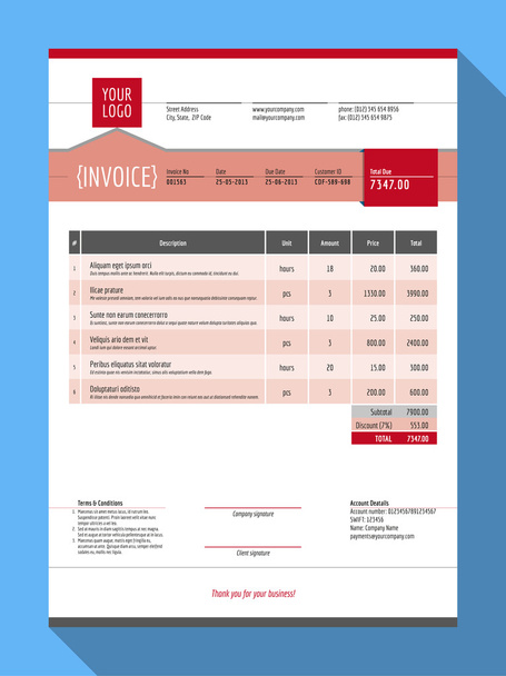 Vector Customizable Invoice Form Template Design. Vector Illustration. Red Color Theme - Vector, Image