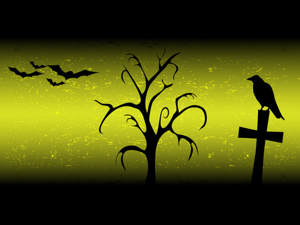 Scarry halloween background with sillhouette old tree, cross, raven and bats - Vector, Image