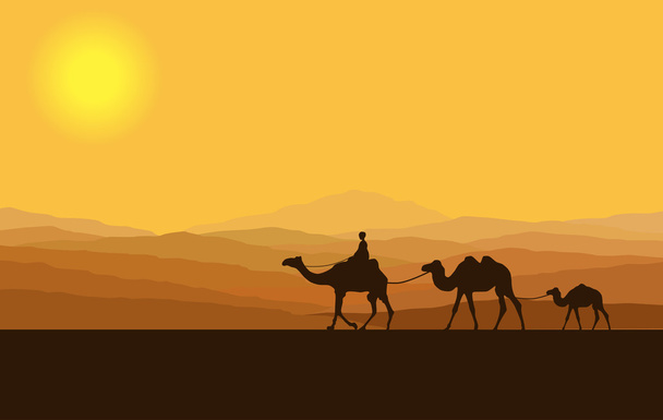 Caravan with camels in desert with mountains on background. Vector illustration - Vector, Image