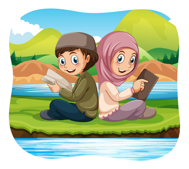 Ragazzo musulmano e ragazza che legge nel parco
 - Vettoriali, immagini