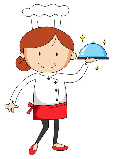 Chef mujer llevando bandeja de comida
 - Vector, Imagen