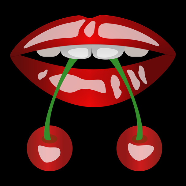 lábios com uma cereja em um fundo preto
 - Vetor, Imagem