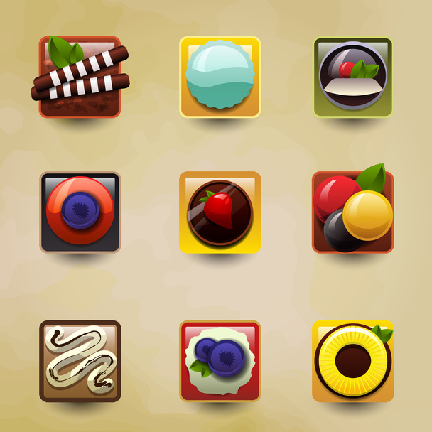 Conjunto de iconos postres con frutas, helados, pasteles, dulces, chocolate y galletas
 - Vector, imagen