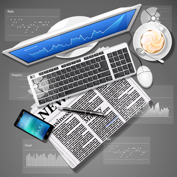 Börsendiagramm auf Computerbildschirm und Mobiltelefon mit Nachrichten - Vektor, Bild