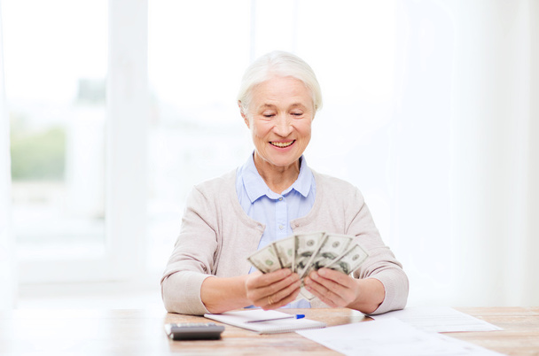 senior woman with money and papers at home - Foto, immagini