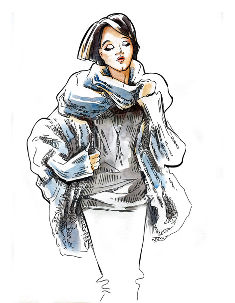 Sketch of girl wearing in winter clothes. - Фото, зображення