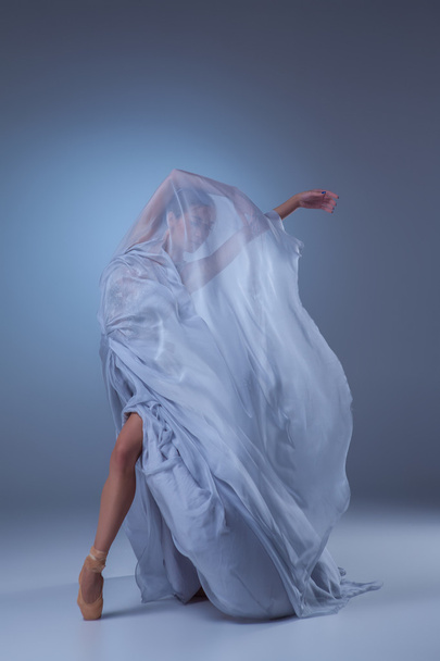 The beautiful ballerina dancing in blue long dress - Photo, Image