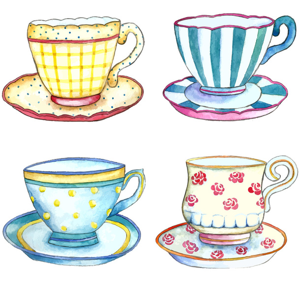 Tea cups watercolor on the white backgrounds. - Vettoriali, immagini