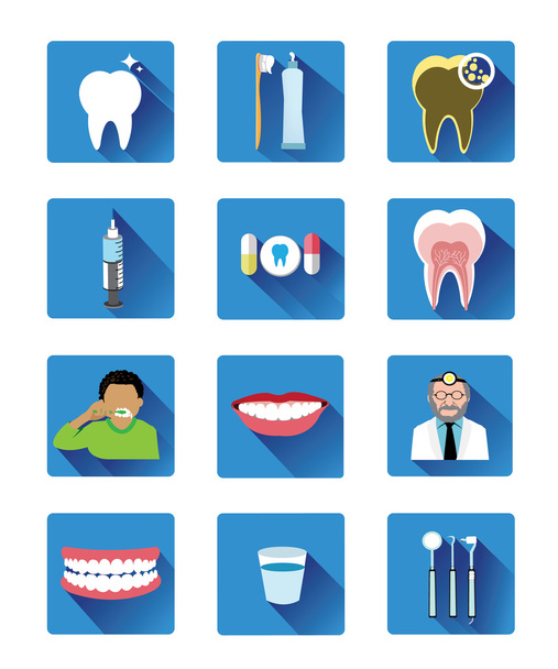 Moderní byt zubní ikony set s dlouhý stín, efekt - Vektor, obrázek